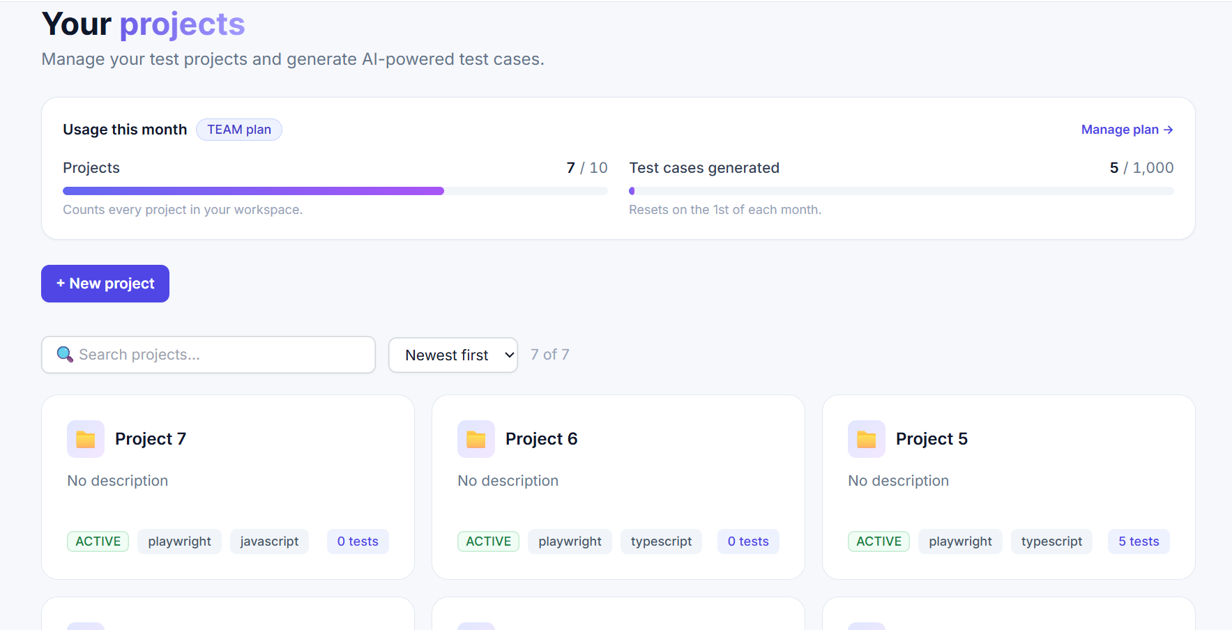 The Testcraft dashboard listing test projects, with usage for the current plan