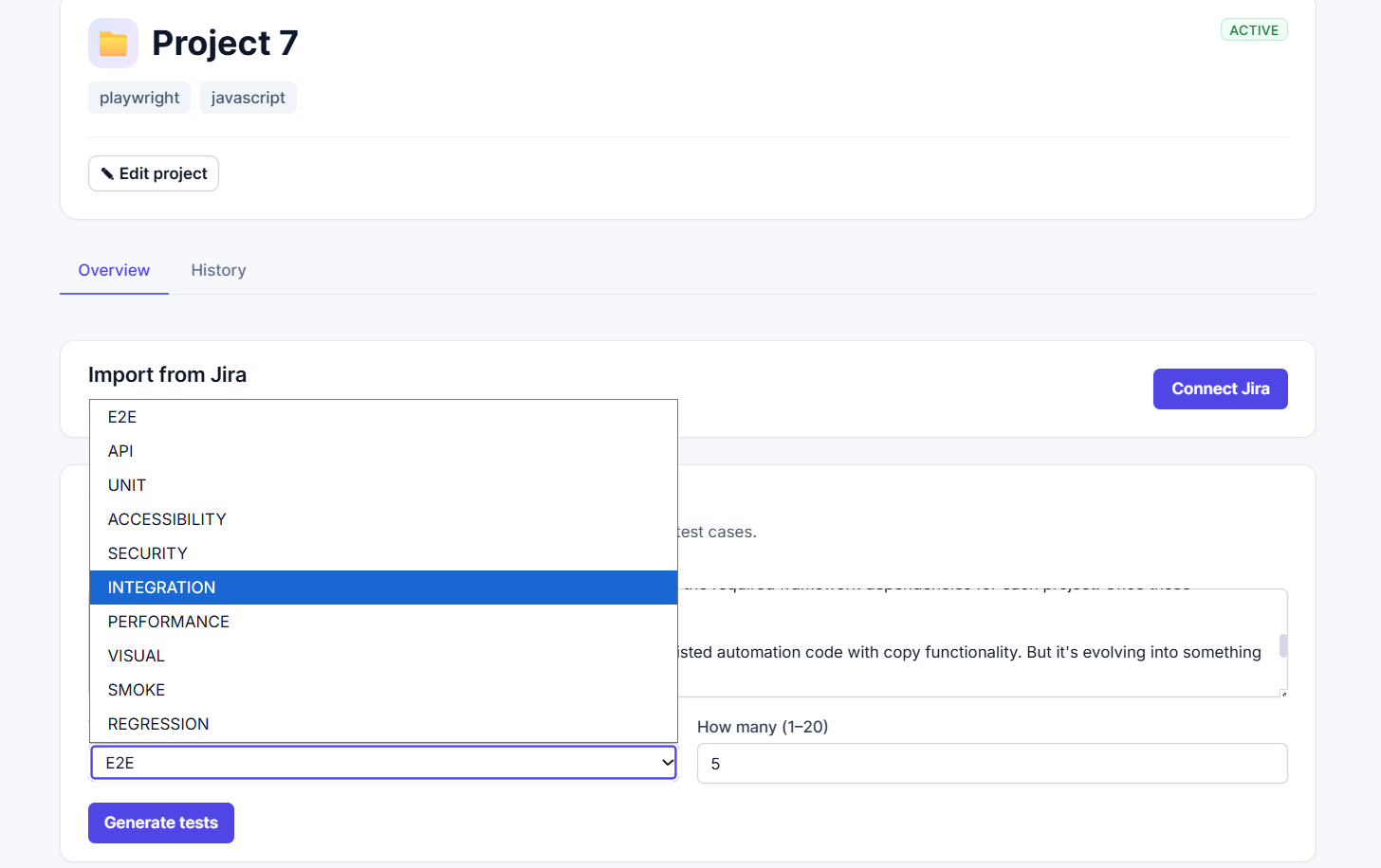 A Testcraft project page with the Jira import field and the generated test-case list